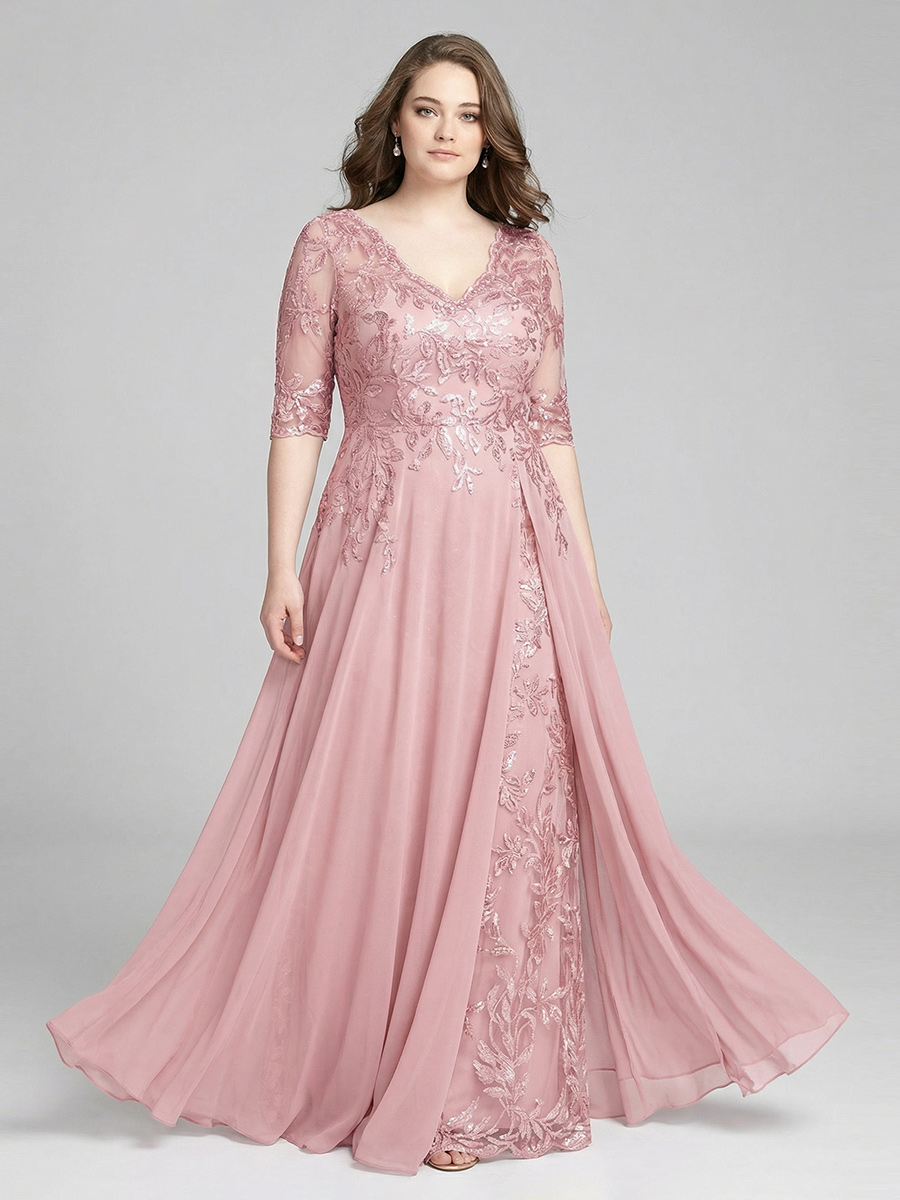 Lace Appliques V Neck Ruched Mother of the Bride Dresses