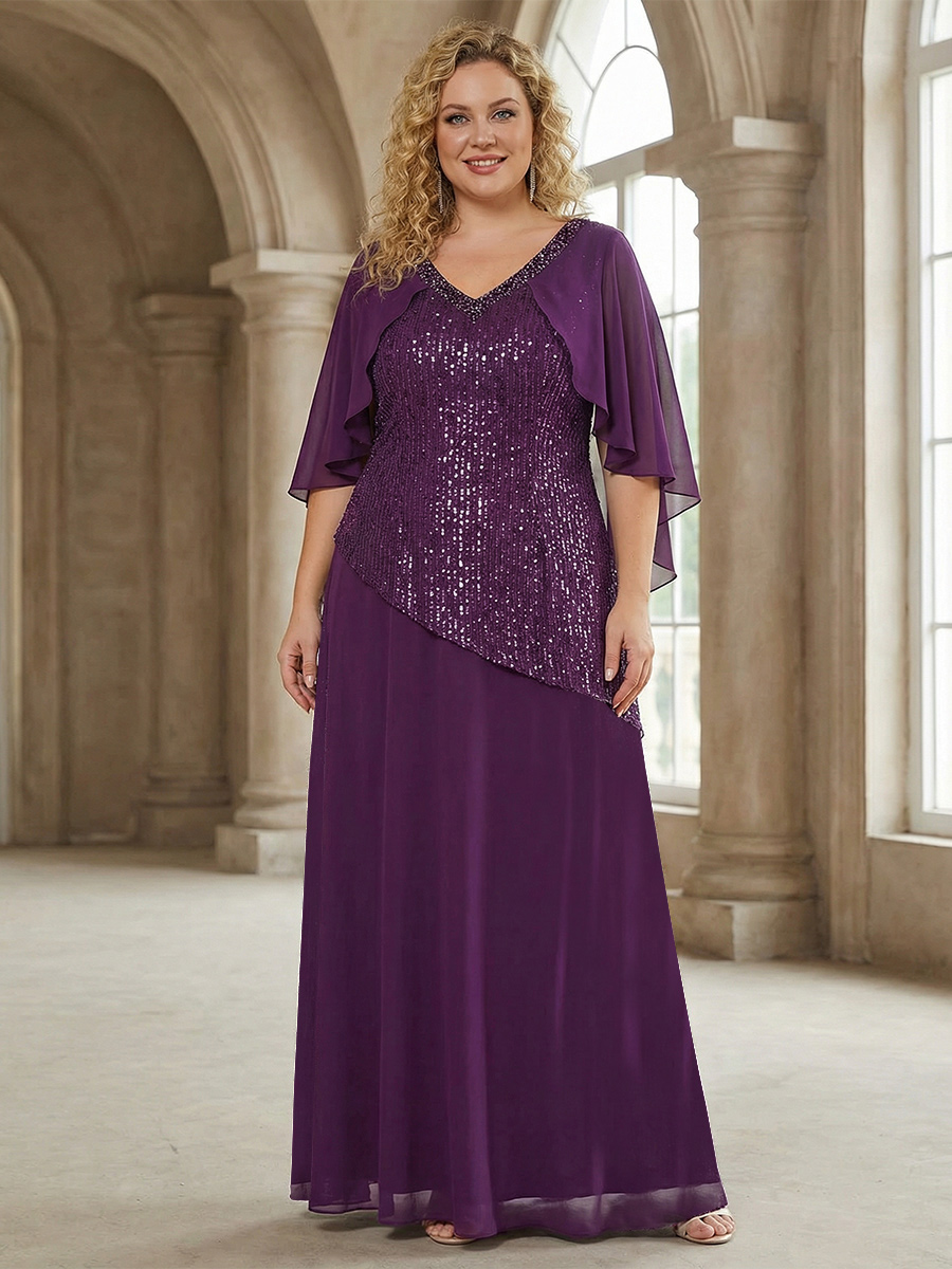 Chiffon V Neck Ruched Sequin Mother of the Bride Dresses with Jackets