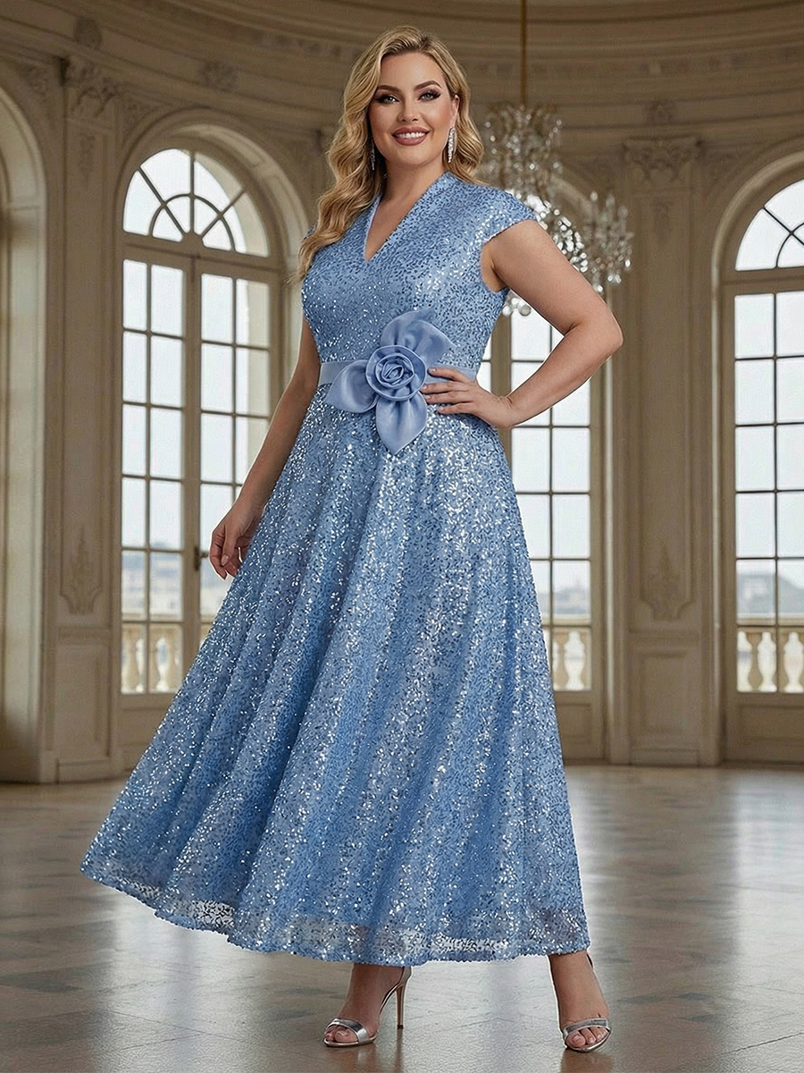 V Neck Sequin 3D Flower Mother of the Bride Dresses