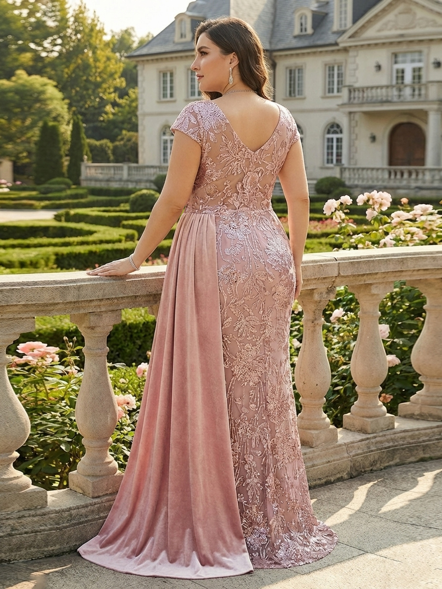 Lace Appliques Sequin V Neck Satin Pleated Mother of the Bride Dresses