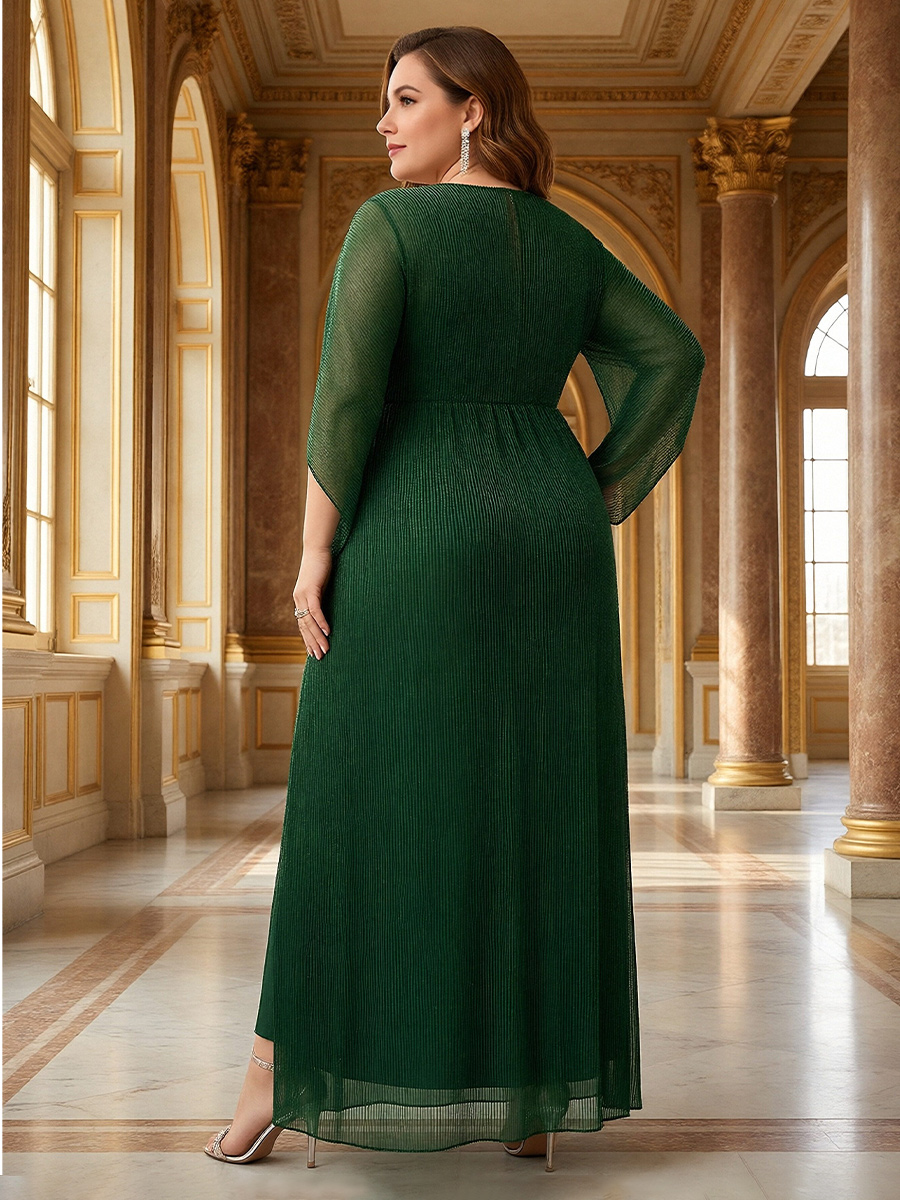 ]V Neck Sequin Pleated A Line High Slit Mother of the Bride Dresses with Cap