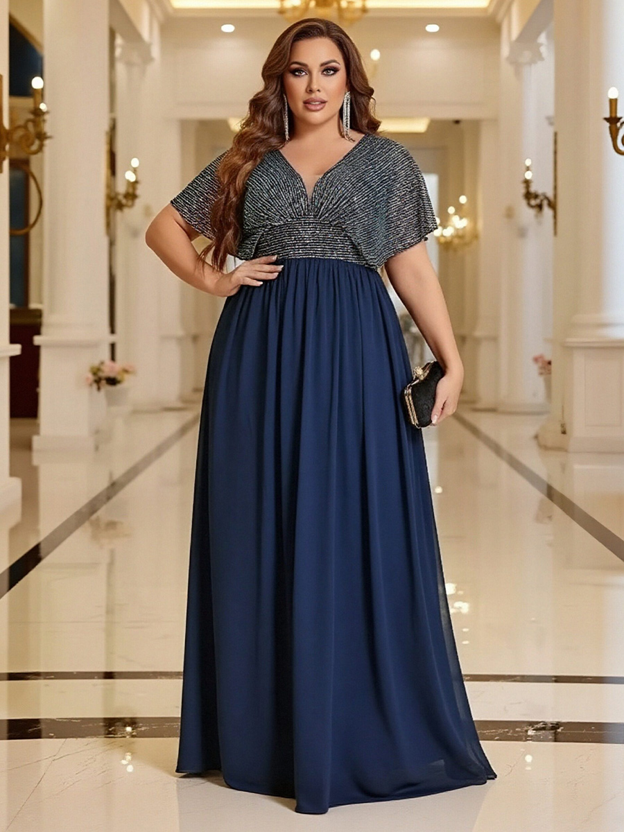 V Neck Sparkly Chiffon Pleated A Line Mother of the Bride Dresses
