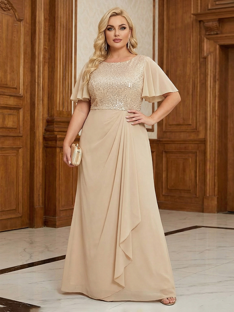 Round Neck Sparkly Chiffon Ruffles Pleated A Line Mother of the Bride Dresses