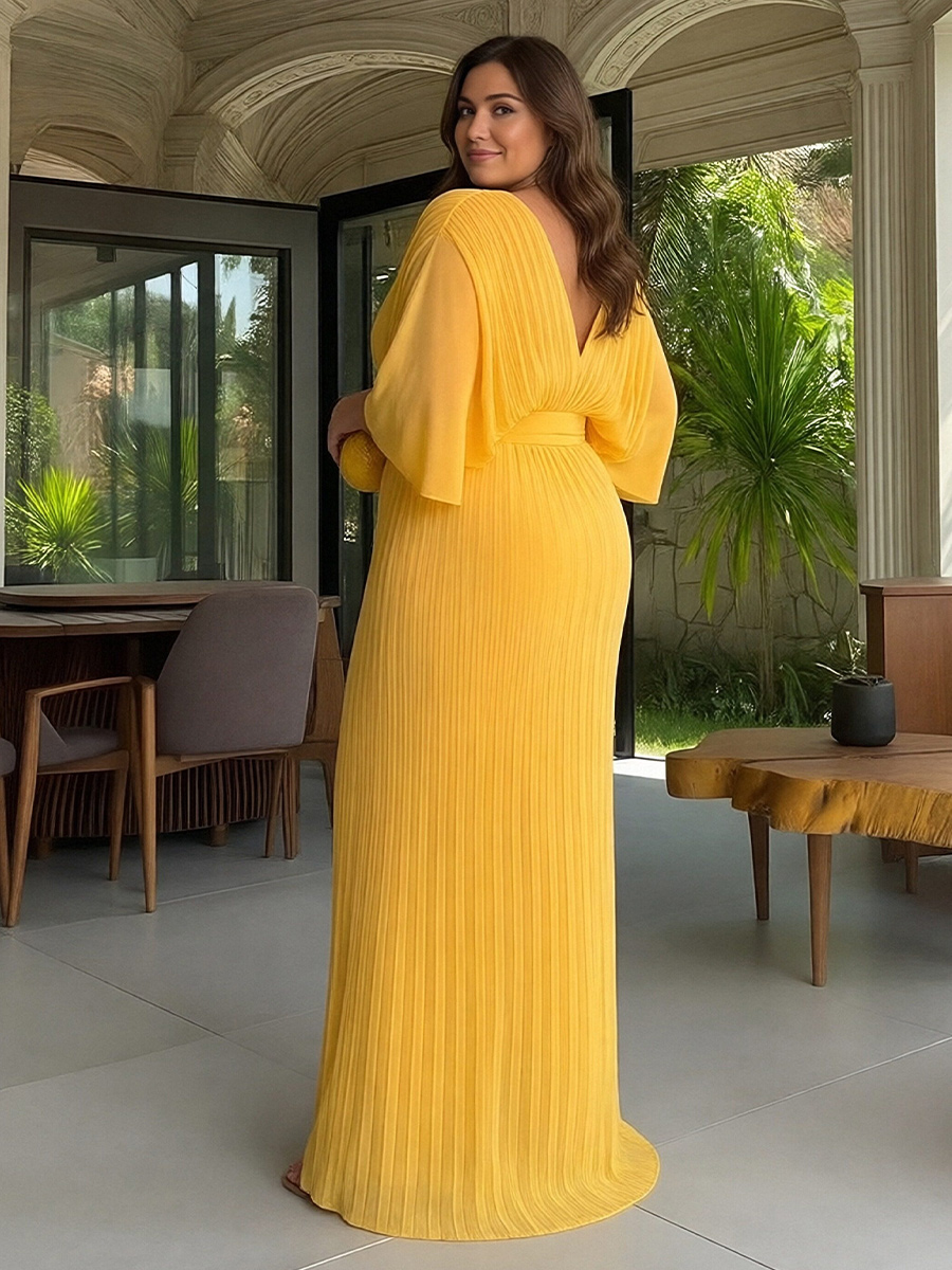 Long Sleeves V Neck Chiffon Pleated A Line Mother of the Bride Dresses