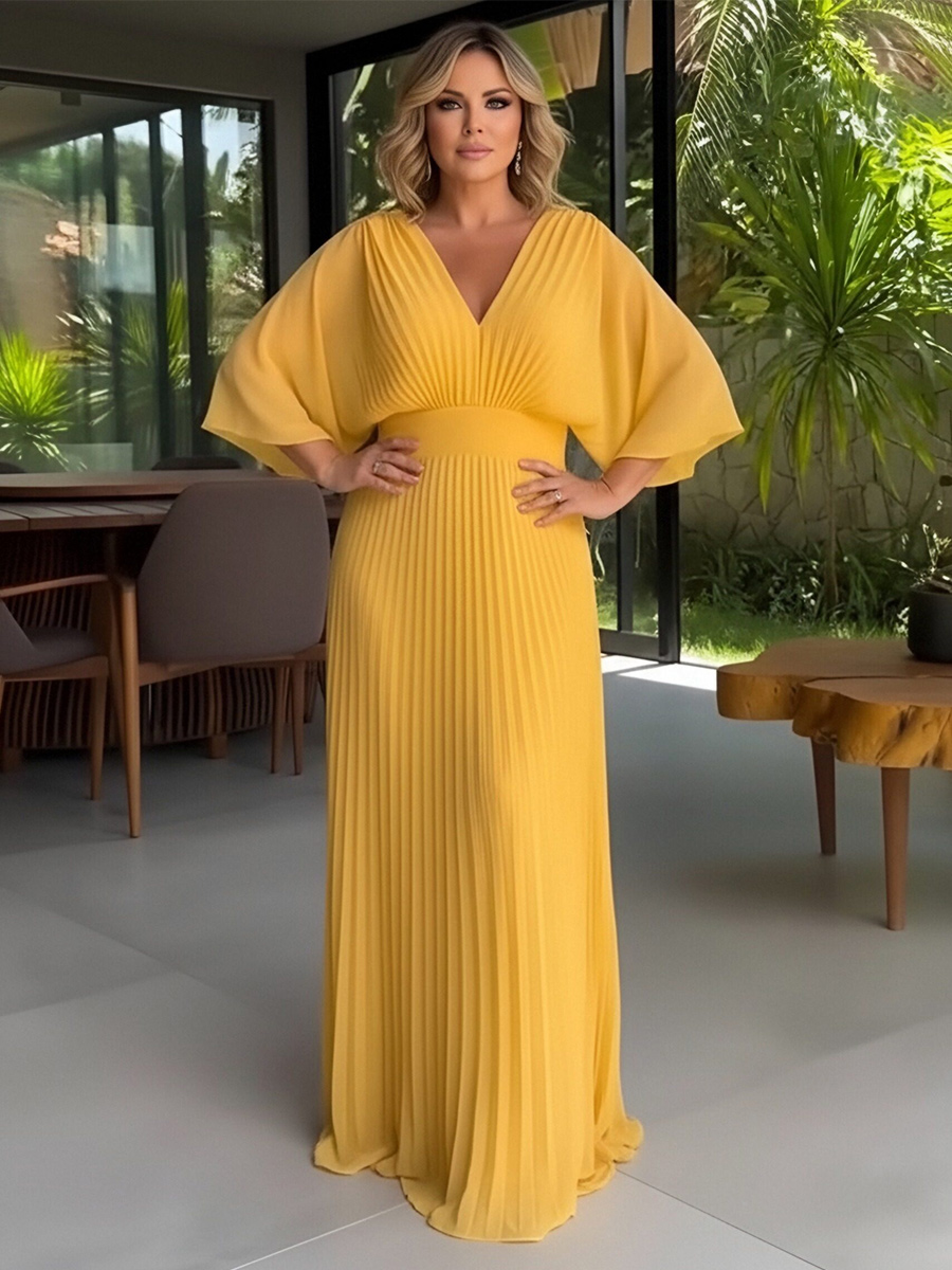 Long Sleeves V Neck Chiffon Pleated A Line Mother of the Bride Dresses