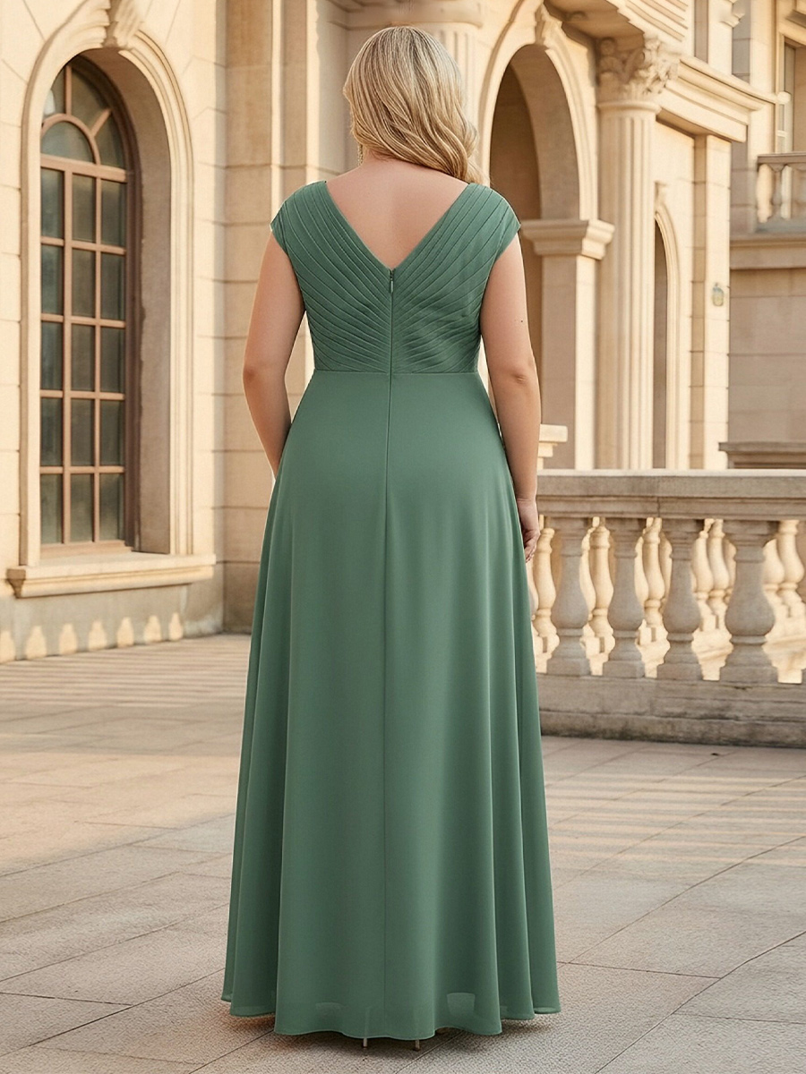 Lace Appliques V Neck Chiffon Pleated A Line Mother of the Bride Dresses with Slit