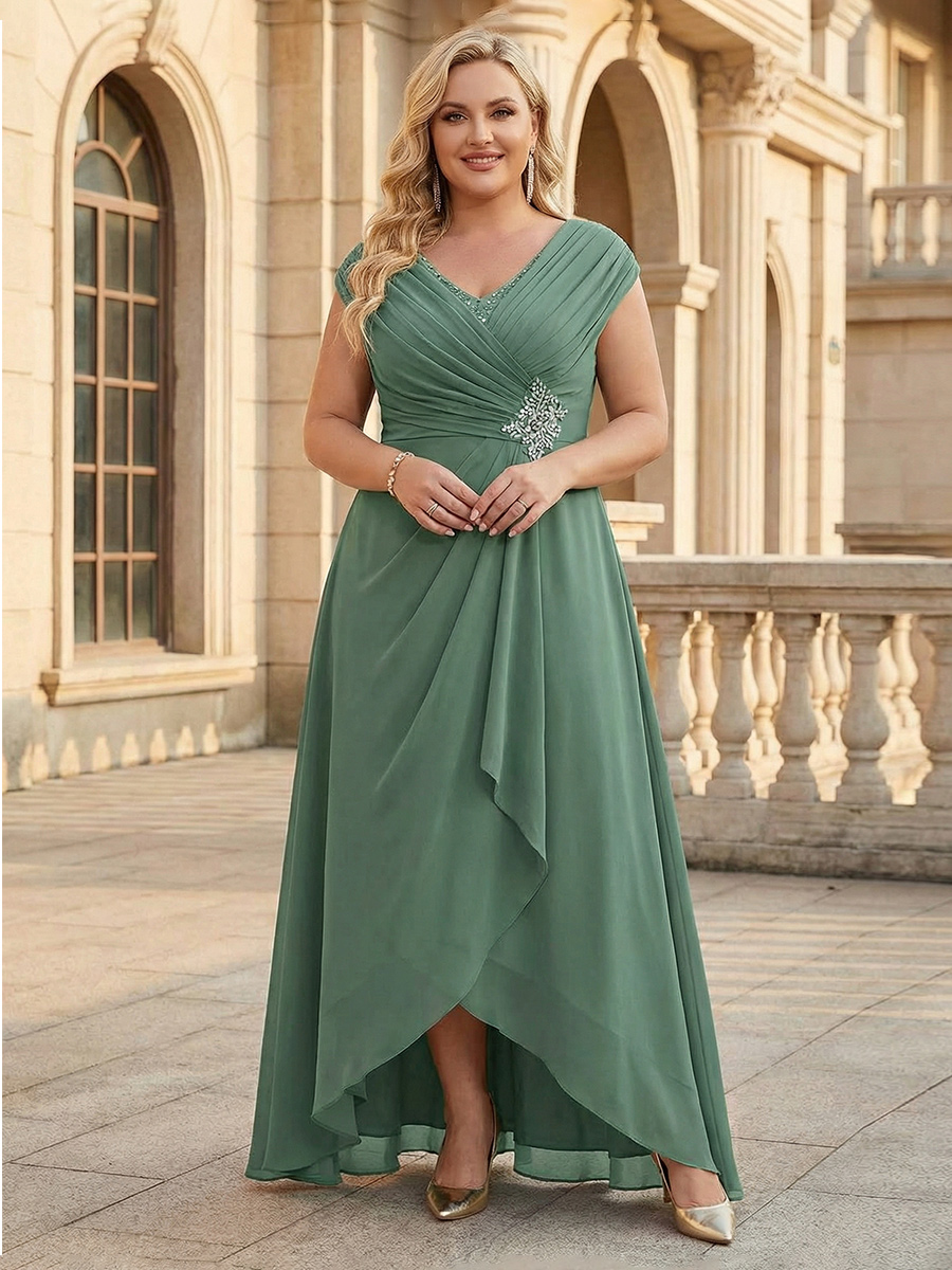 Lace Appliques V Neck Chiffon Pleated A Line Mother of the Bride Dresses with Slit