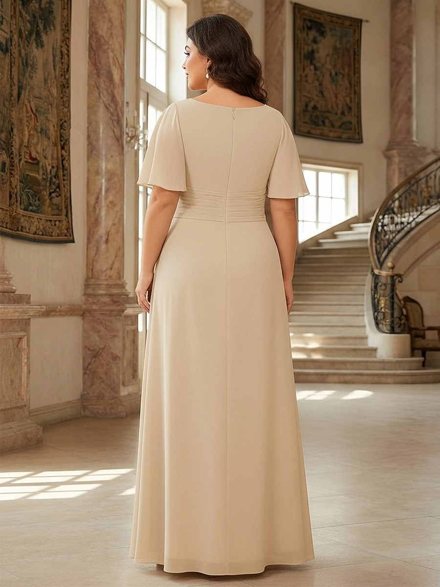 Lace Appliques Square Neck Chiffon Pleated Mother of the Bride Dresses