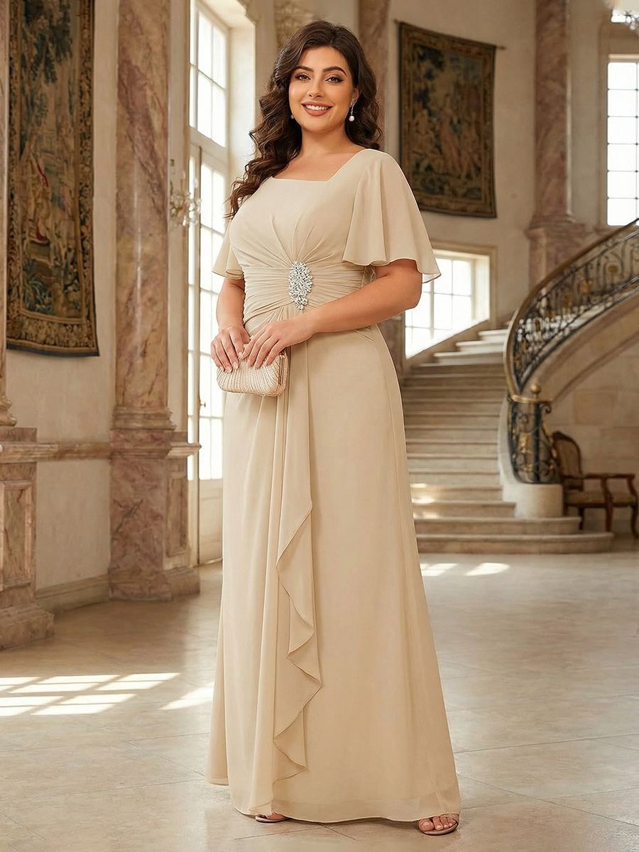 Lace Appliques Square Neck Chiffon Pleated Mother of the Bride Dresses