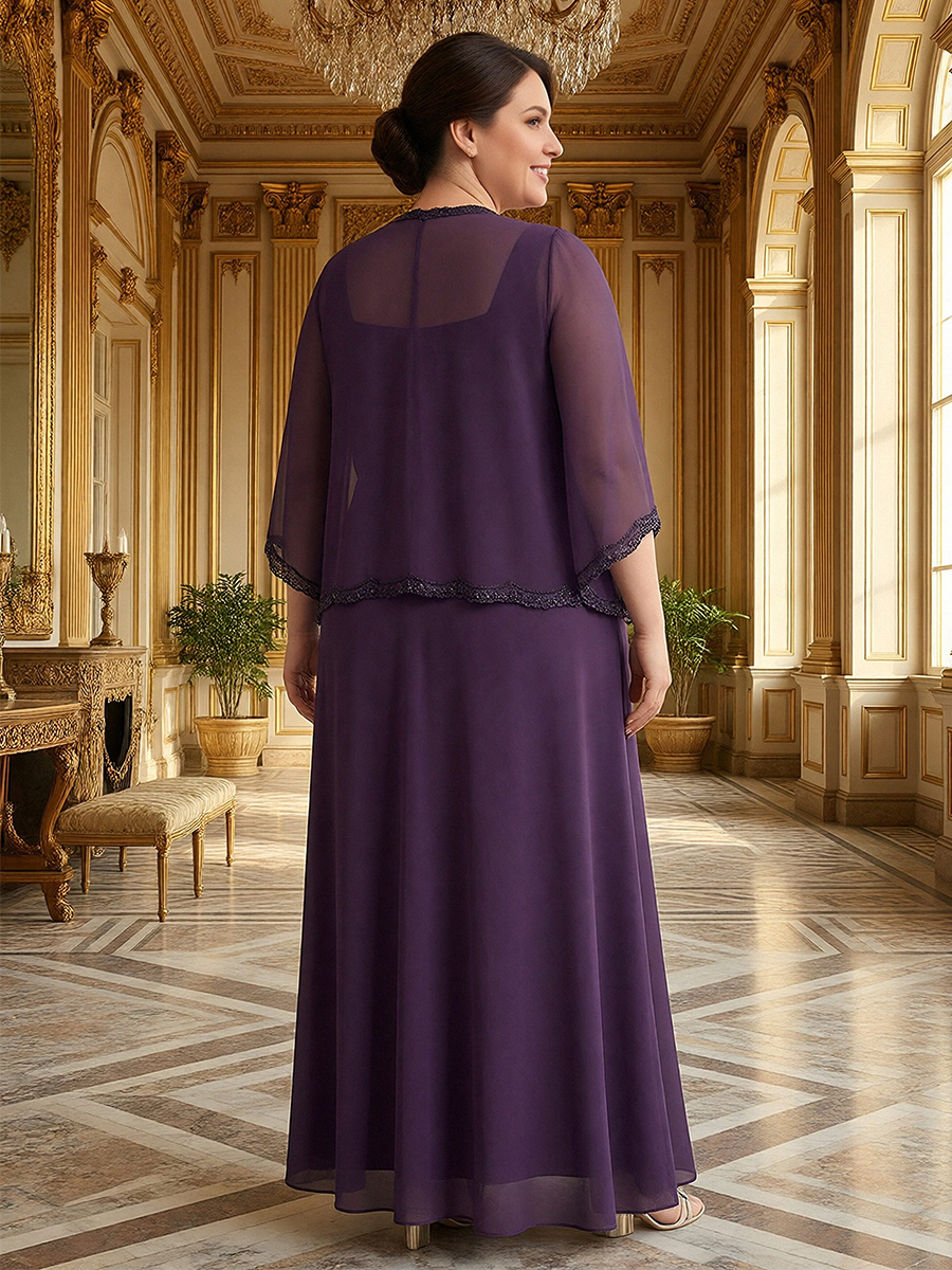 2 Pieces Lace Appliques Round Neck Chiffon Mother of the Bride Dresses with Cap