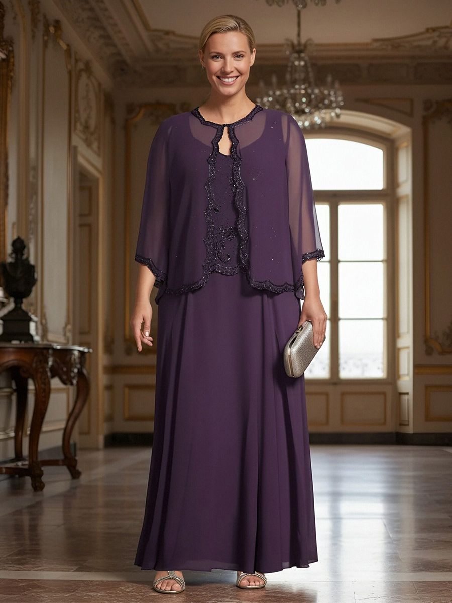 2 Pieces Lace Appliques Round Neck Chiffon Mother of the Bride Dresses with Cap