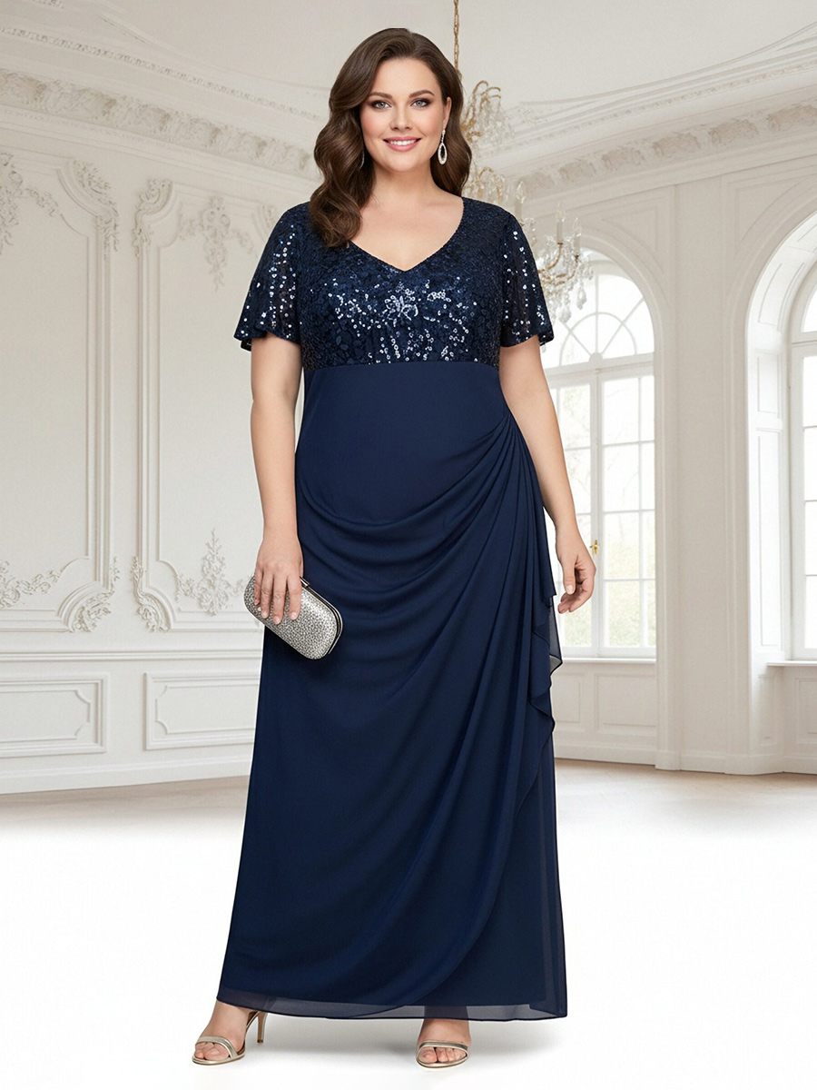 Sparkly V Neck Chiffon Pleated A Line Mother of the Bride Dresses
