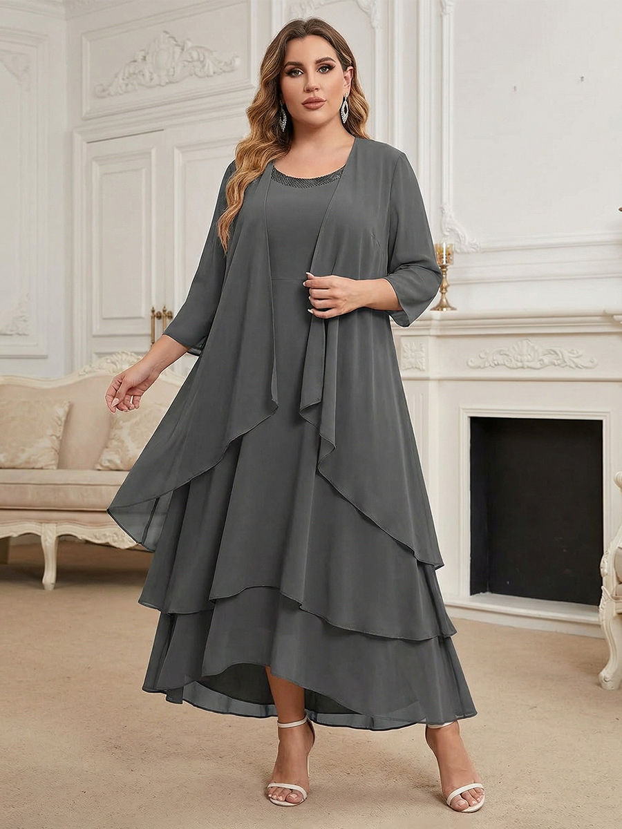 2 Pieces Tiered Ruffles Round Neck Mother of the Bride Dresses with Cap