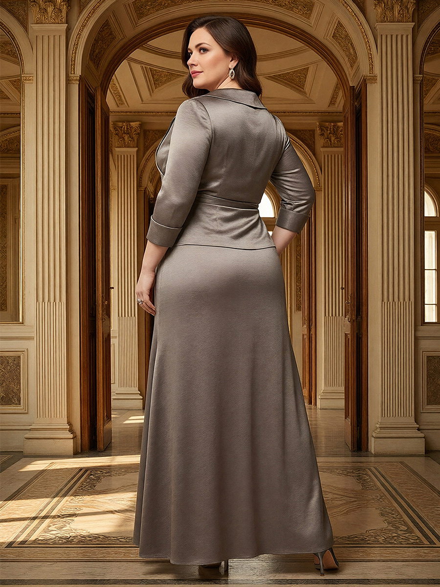 Satin 2 Pieces A Line Pleated V Neck Mother of the Bride Dresses