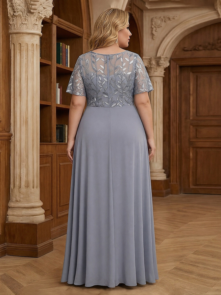 Chiffon Round Neck Sparkly Lace Appliques Mother of the Bride Dresses with Slit