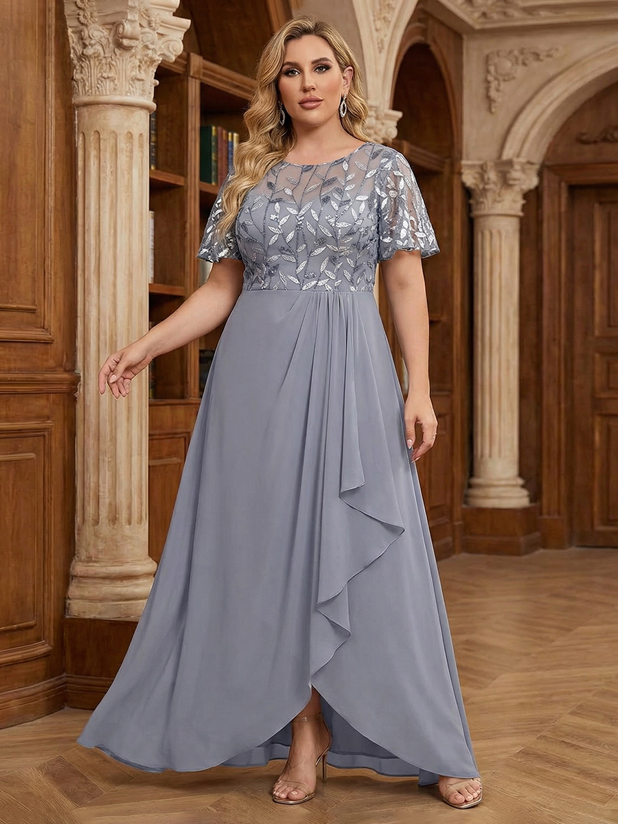 Chiffon Round Neck Sparkly Lace Appliques Mother of the Bride Dresses with Slit