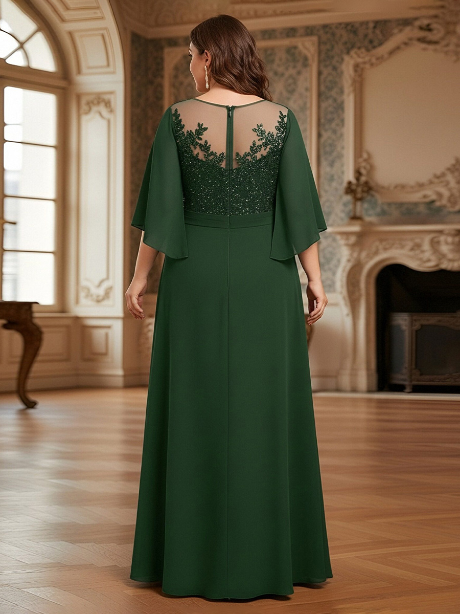 Chiffon Round Neck Lace Appliques Mother of the Bride Dresses with Cap