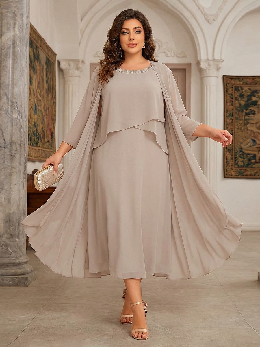 2 Pieces Chiffon Round Neck Lace Appliques Mother of the Bride Dresses with Cap