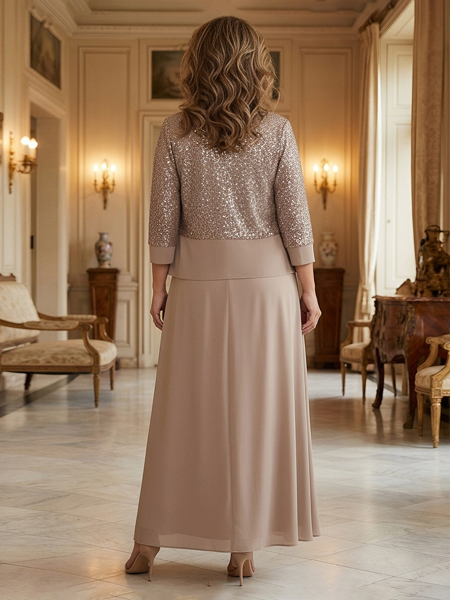 Sparkly 2 Pieces Chiffon Round Neck Mother of the Bride Dresses with Cap