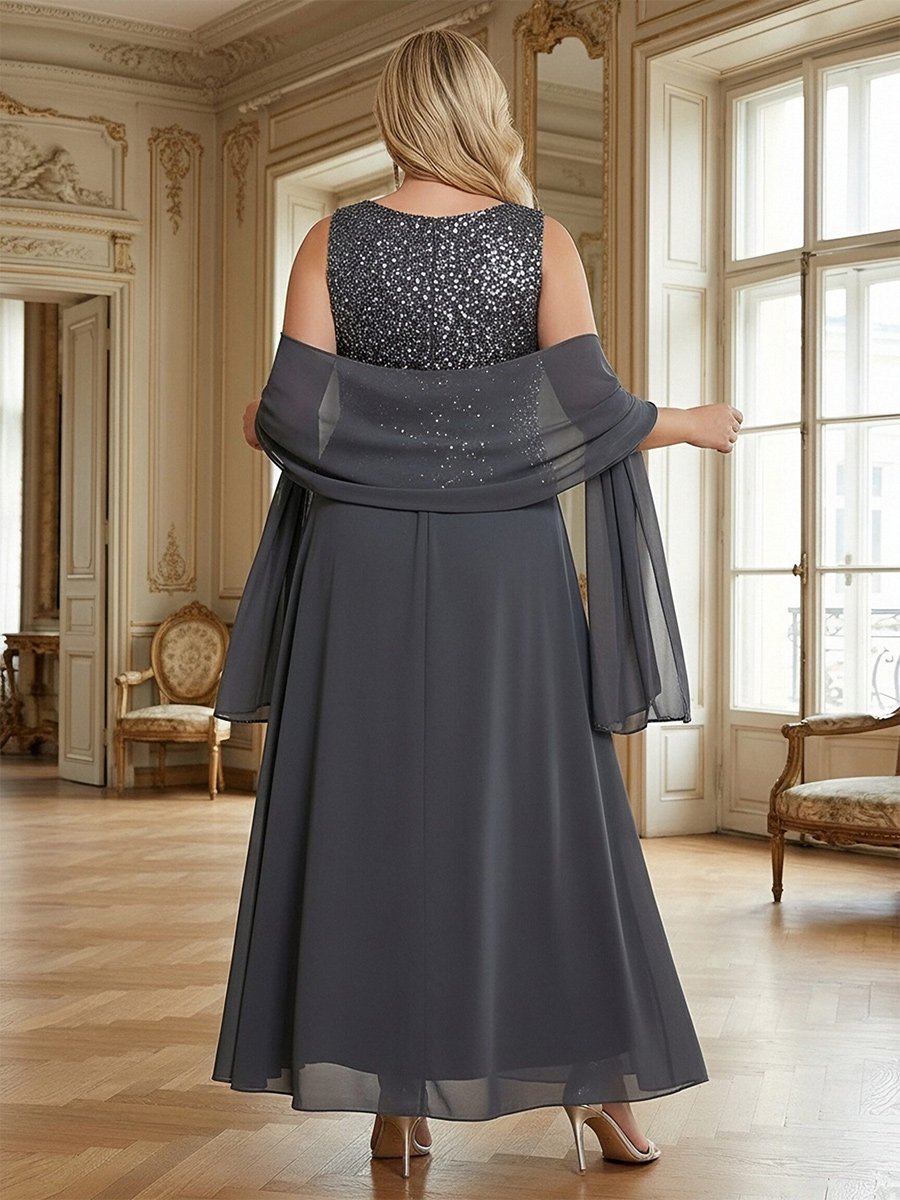 2 Pieces Sequin Round Neck Mother of the Bride Dresses with Cap