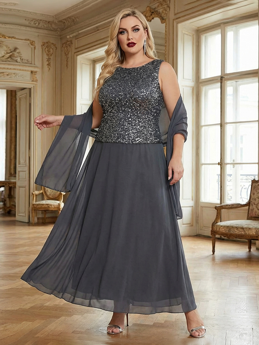 2 Pieces Sequin Round Neck Mother of the Bride Dresses with Cap