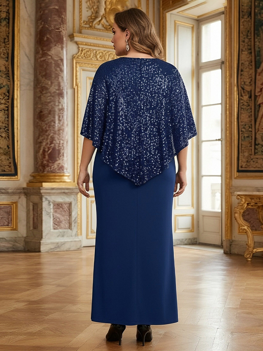 High Slit Sequin Chiffon Round Neck Mother of the Bride Dresses