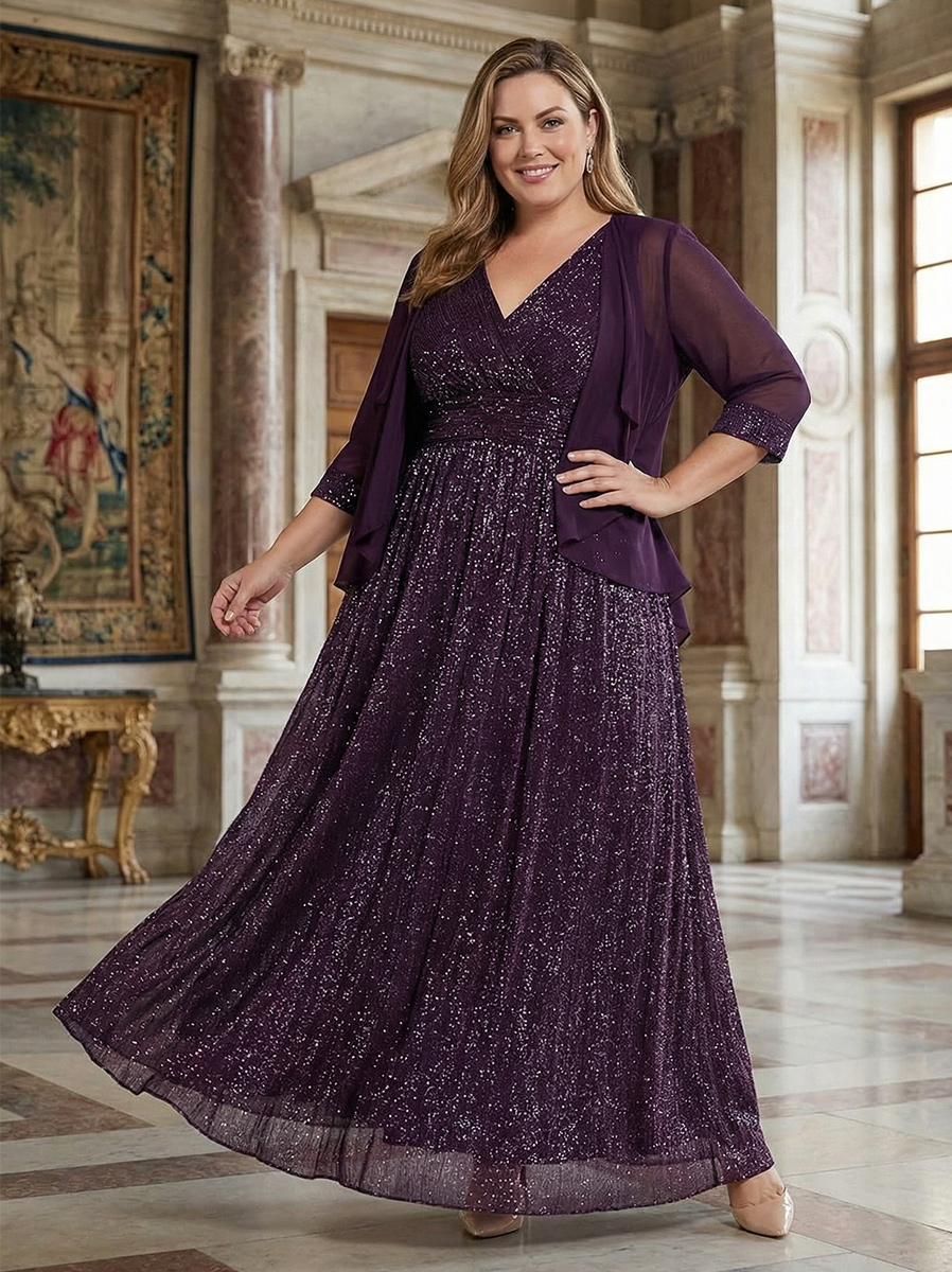 2 Pieces Sequin V Neck Mother of the Bride Dresses with Cap