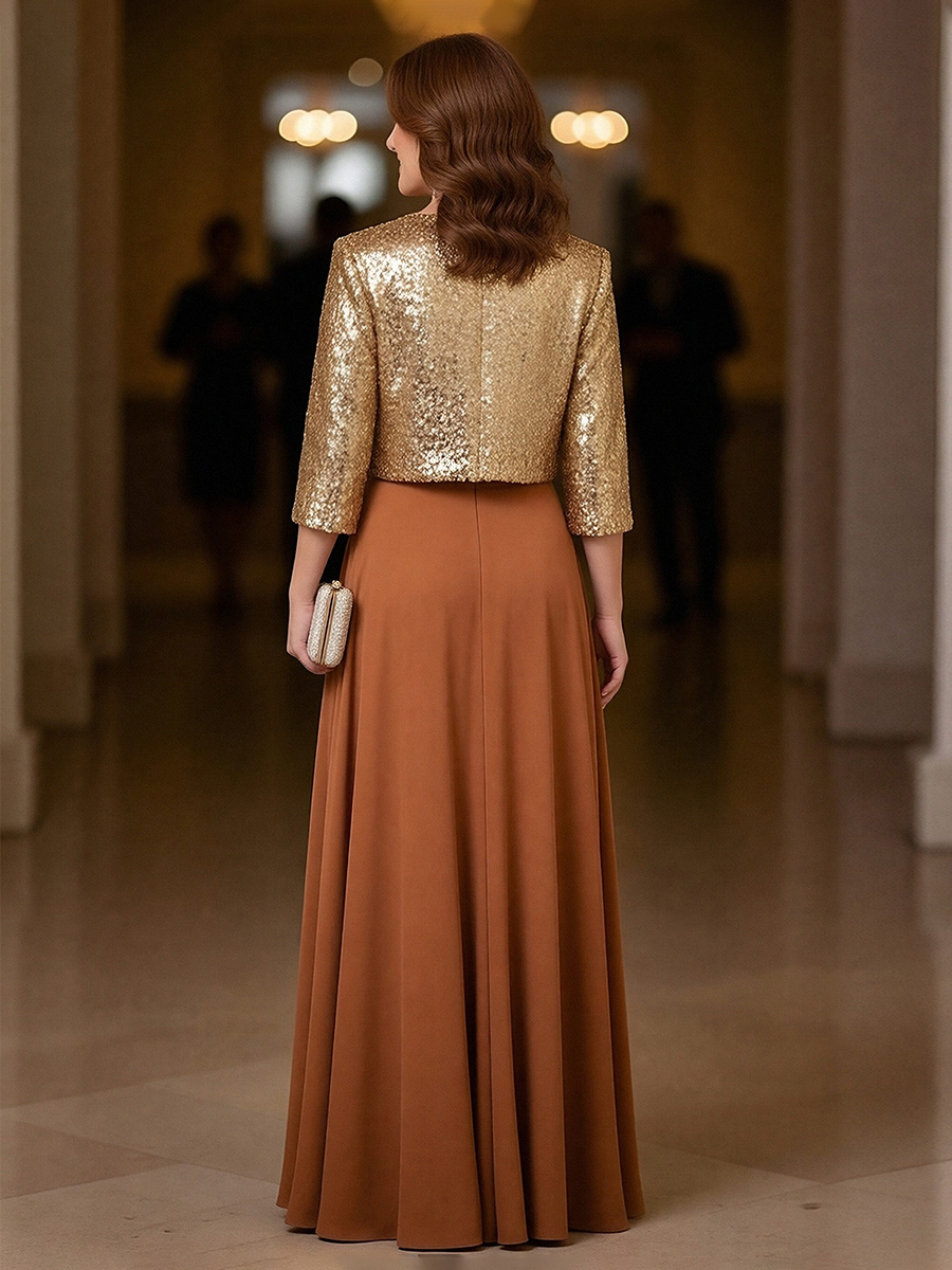 Sparkly 2 Pieces Chiffon Round Neck Mother of the Bride Dresses with Cap