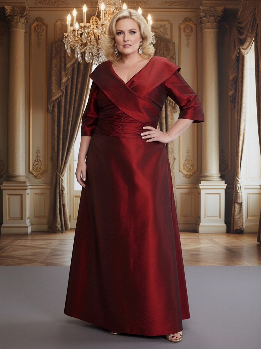 Satin V Neck Long Sleeves PleatedMother of the Bride Dresses