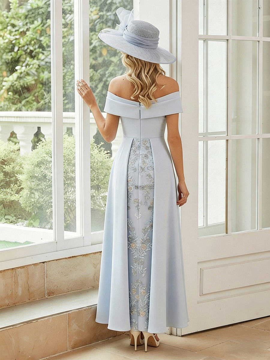 Satin Off the Shoulder Lace Appliques Tiered Mother of the Bride Dresses