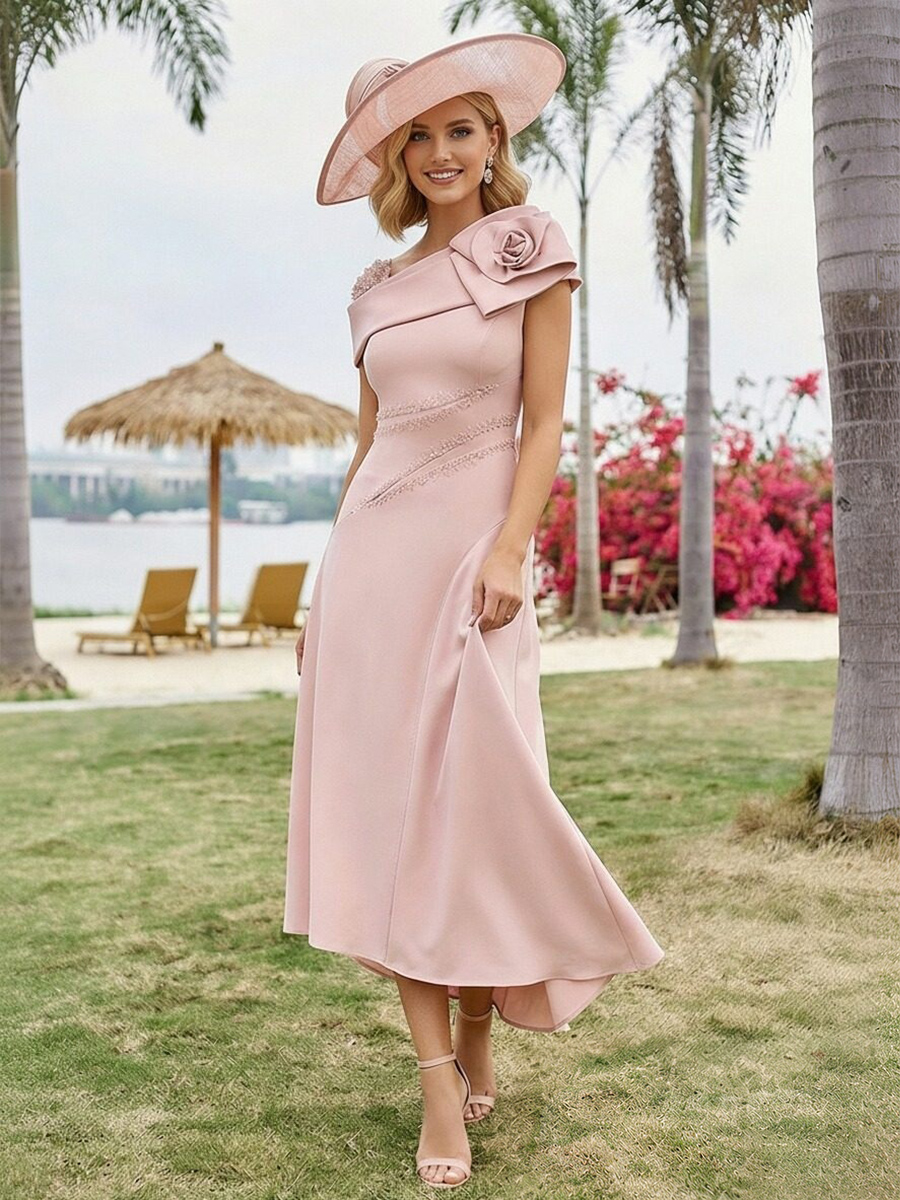 Satin Asymmetric Mother of the Bride Dresses with 3D Flowers