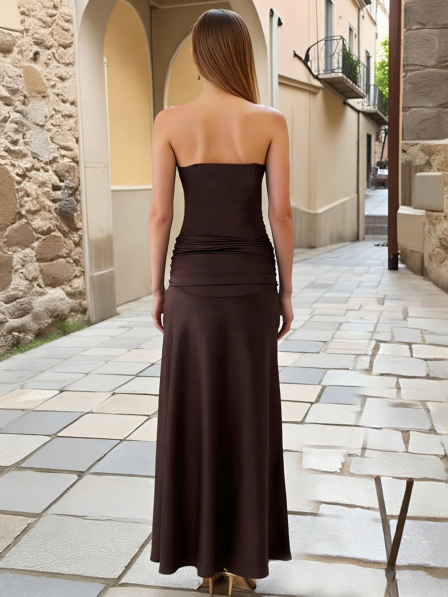 ACEVIE Stain Sheath Strapless Simple Long Corset  Prom Dresses with Split Side