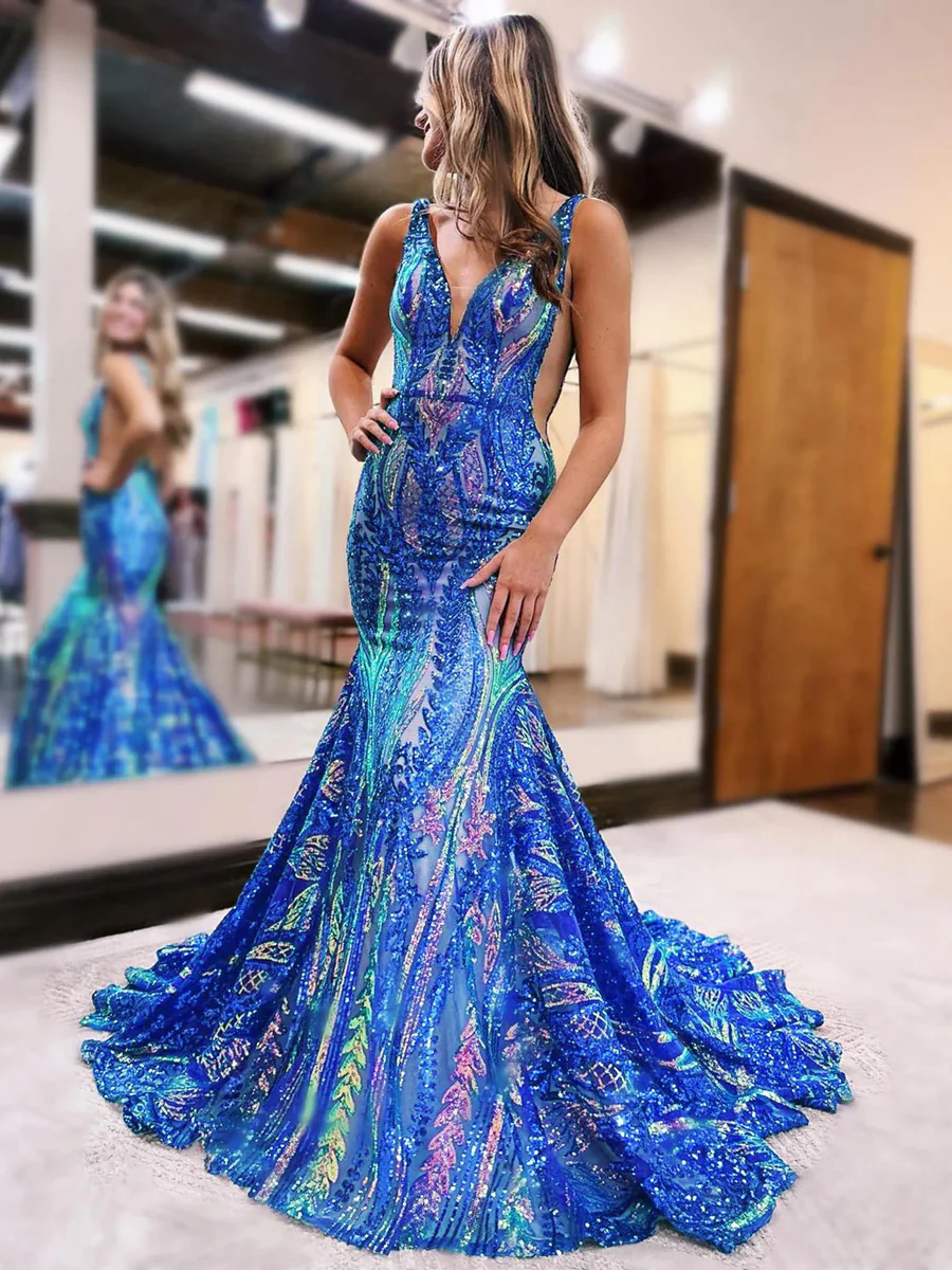 ACEVIE Sequins V Neck Mermaid Sleeveless Long Prom Dresses with Floral