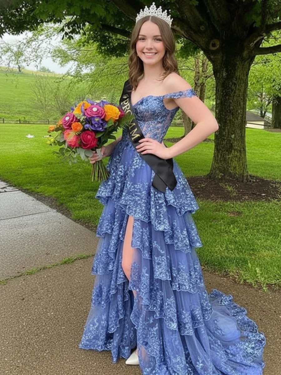 ACEVIE Mermaid Off Shoulder Sleeveless Long Prom Dresses with High Split & Lace Appliques