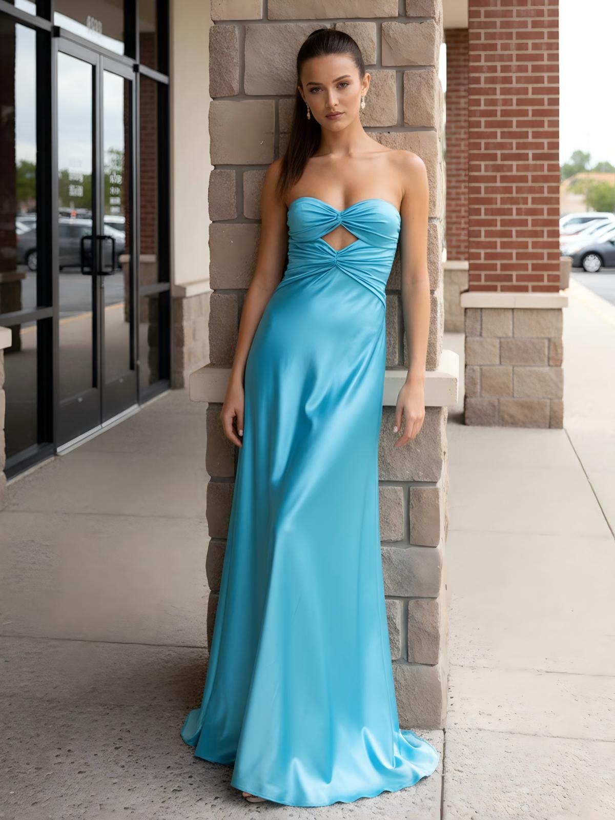 Satin A Line Sweetheart Floor Length Sleeveless Prom Dresses with Cut out Bows
