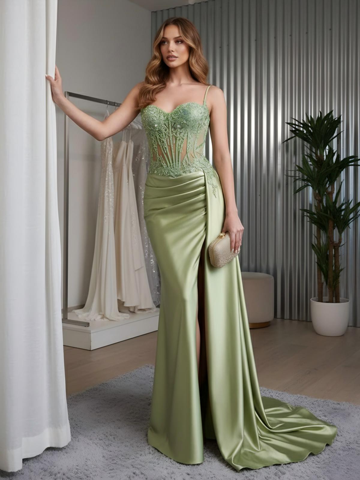 Sheath Floor Length Spaghetti Straps Prom Dresses with Lace Appliques High Split