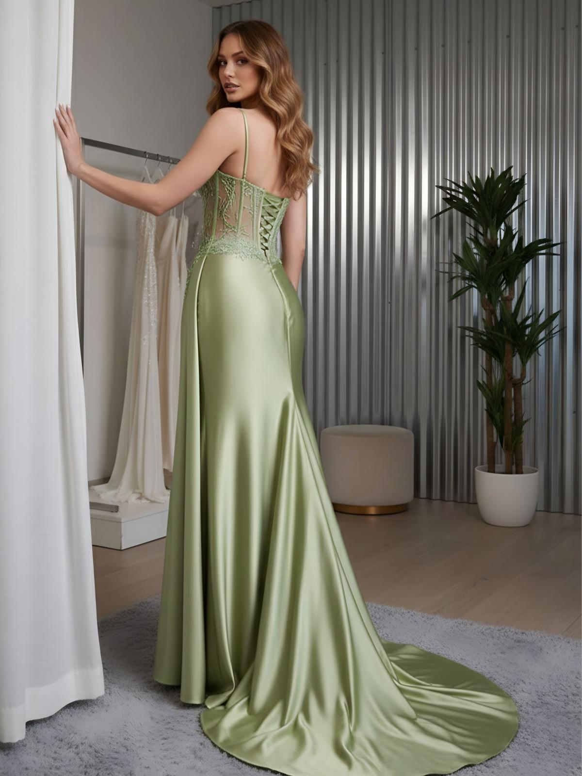 Sheath Floor Length Spaghetti Straps Prom Dresses with Lace Appliques High Split