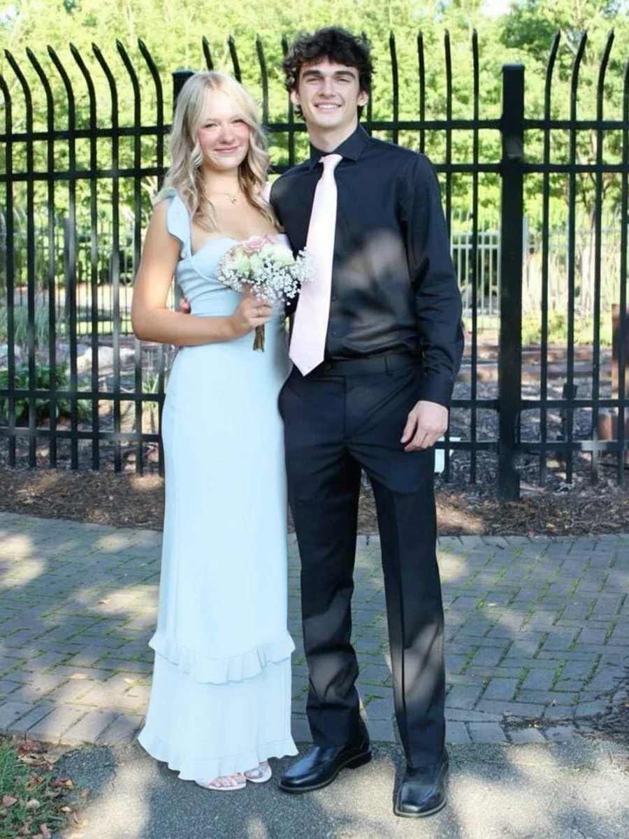 A Line Sweetheart Corset Floor Length Prom Dresses with Tiered Ruffles