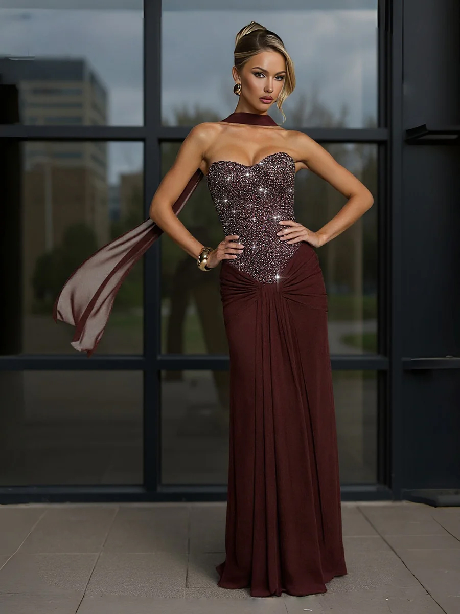 Mermaid Strapless Sleeveless Ruched Sparkling Prom Dresses with Sequins & Scarf