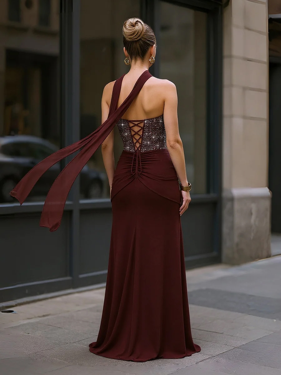 Mermaid Strapless Sleeveless Ruched Sparkling Prom Dresses with Sequins & Scarf