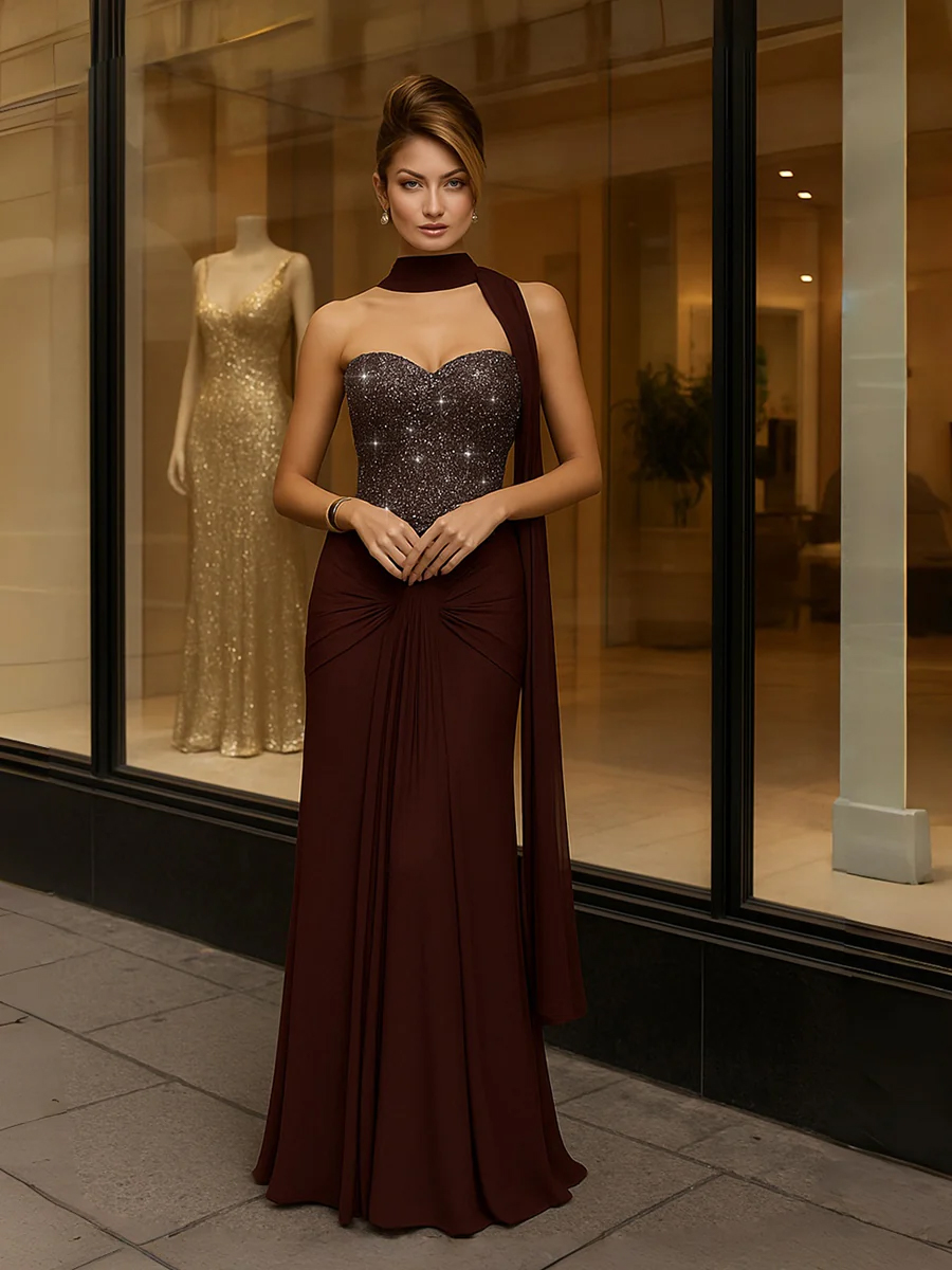 Mermaid Strapless Sleeveless Ruched Sparkling Prom Dresses with Sequins & Scarf