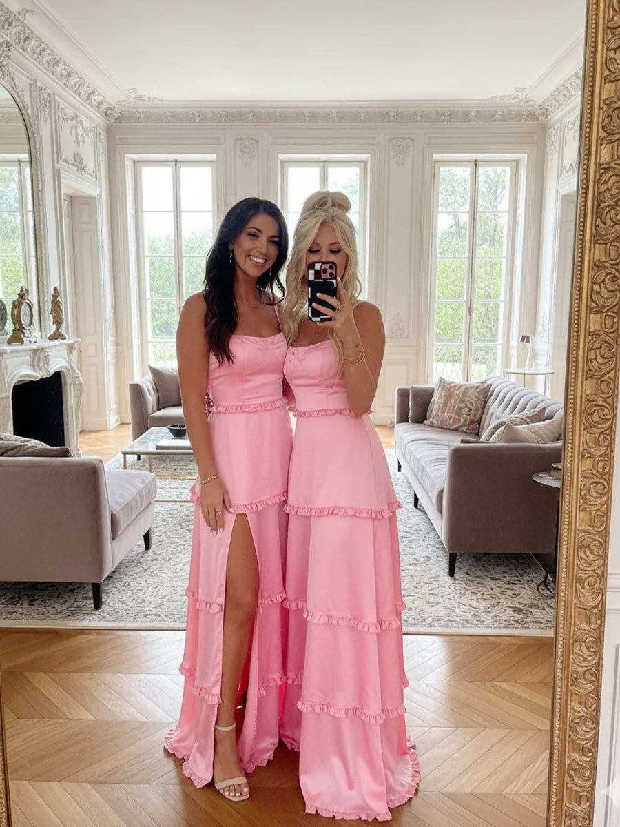 A Line Square Neck Floor Length Simple Prom Dresses with Tiered Ruffles & Slit Side