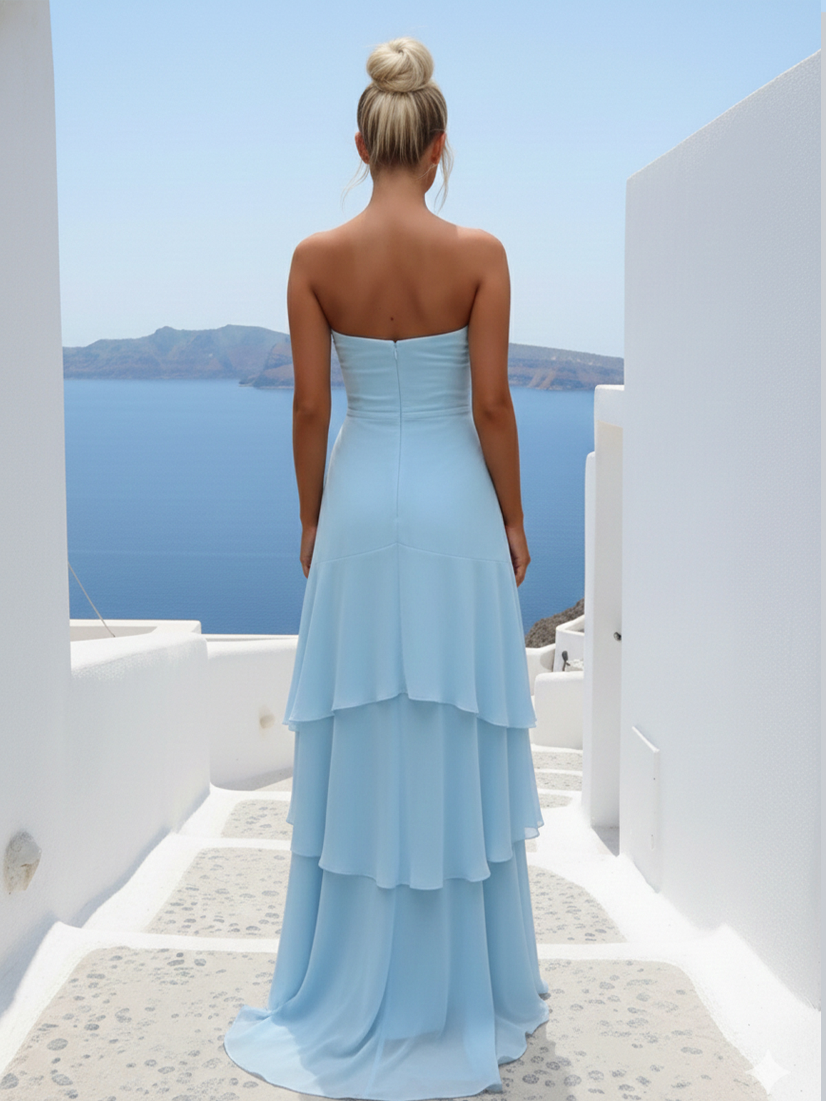 Chiffon A Line Strapless Floor Length Prom Dresses with Tiered Ruffles