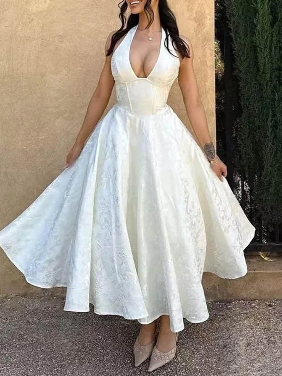 Floral Print A Line Halter Sleeveless Tea Length Elegant Prom Dresses