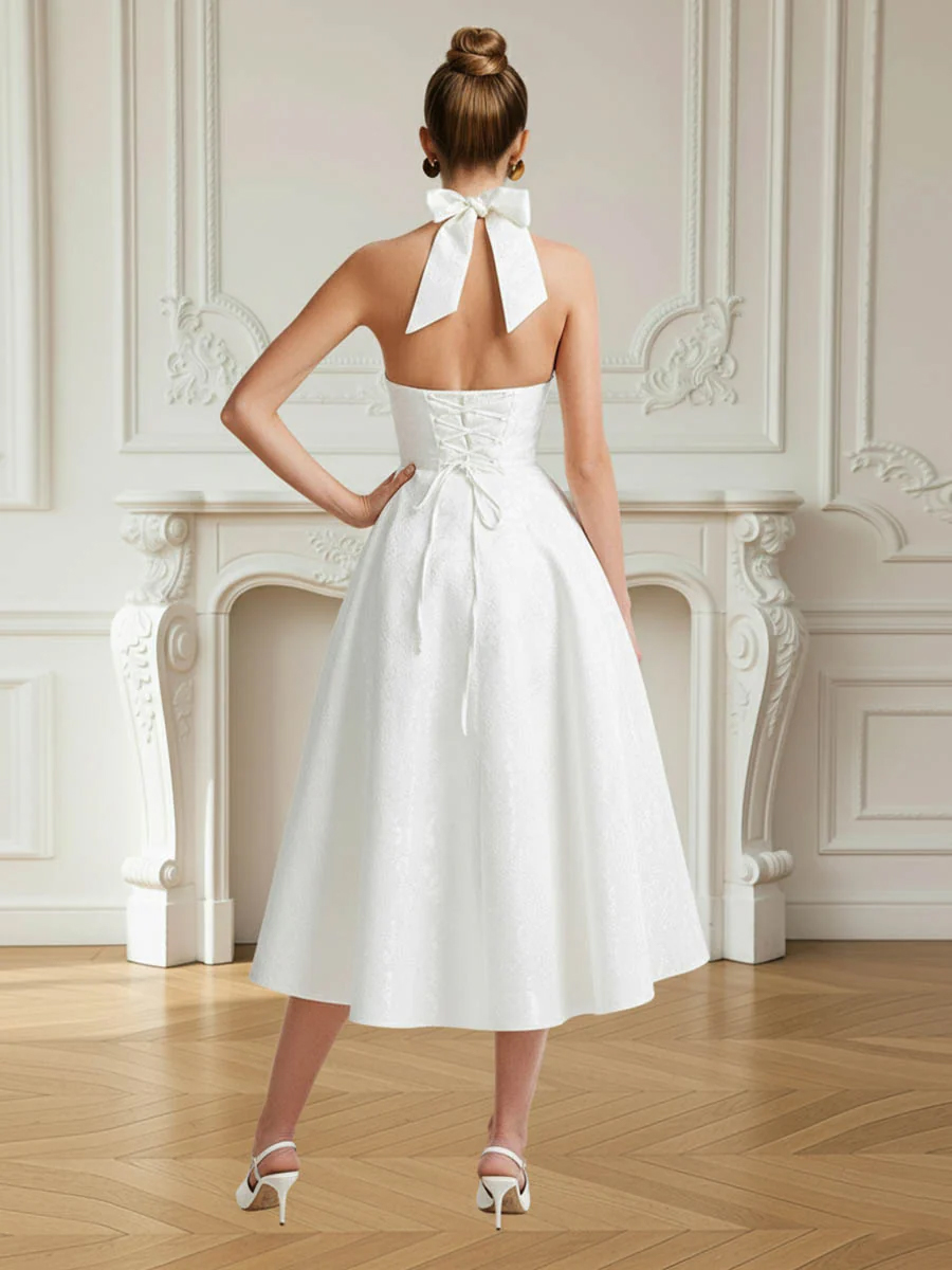 Floral Print A Line Halter Sleeveless Tea Length Elegant Prom Dresses