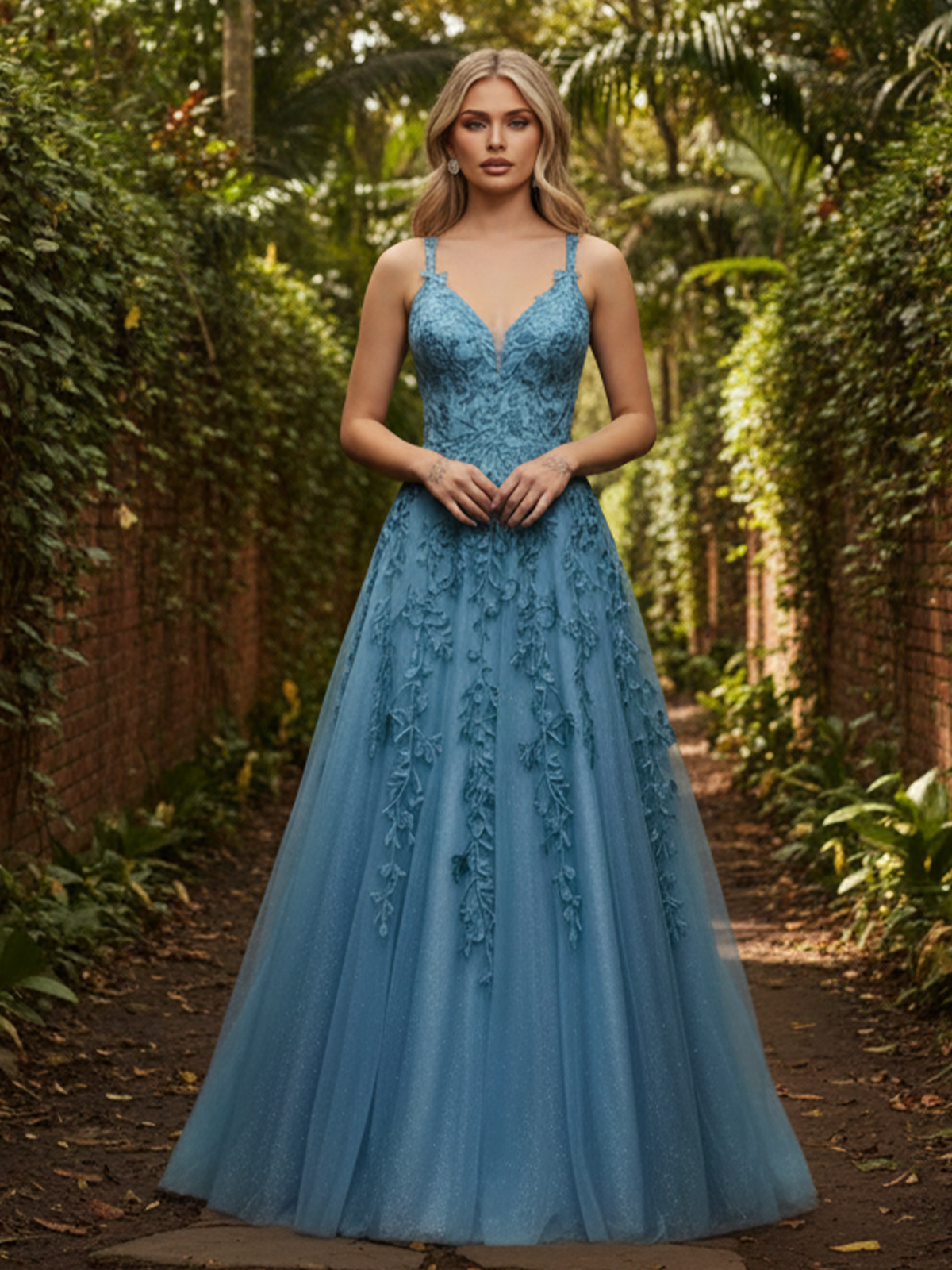 V Neck A Line Sleeveless Floor Length Tulle Prom Dresses with Lace Appliques