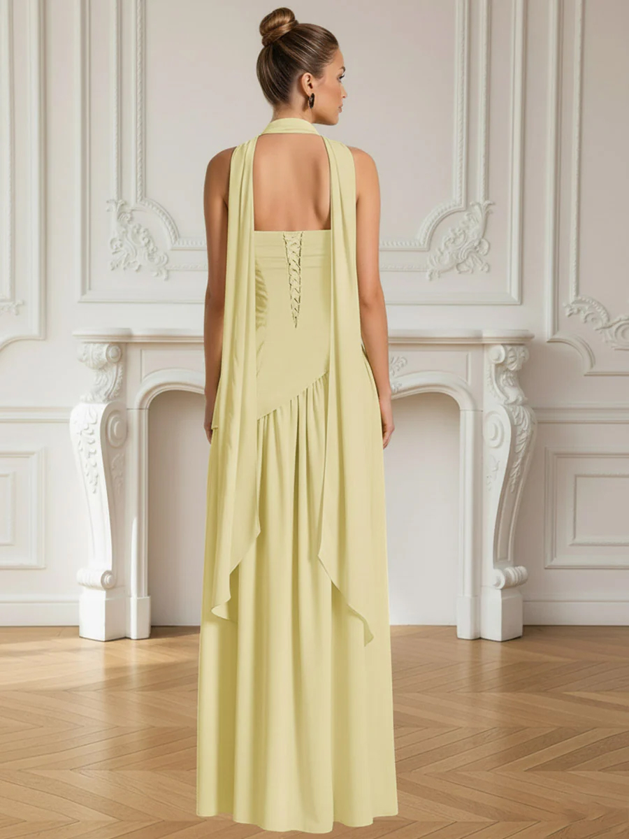 A Line Halter Sleeveless Maxi Prom Dresses with High Split & Scarf