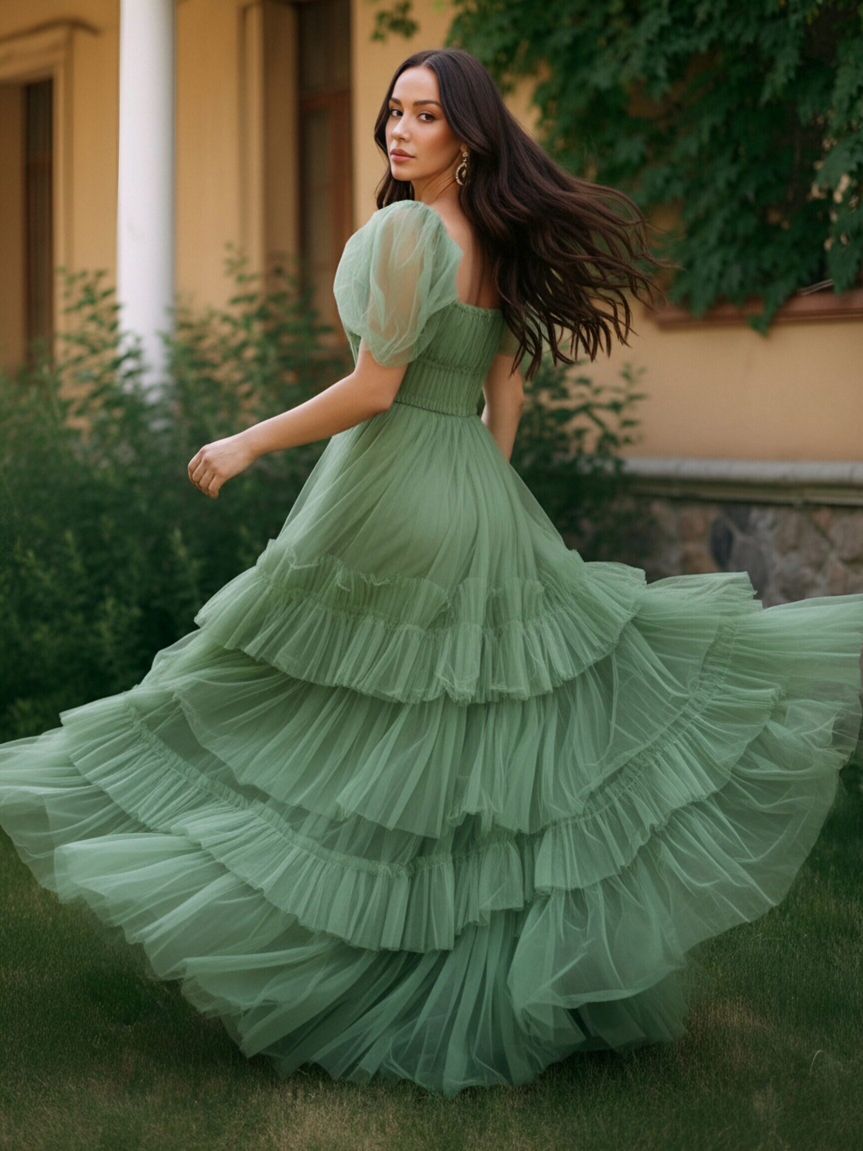 Tulle Tiered Square Neck Pleated A Line Prom Dresses