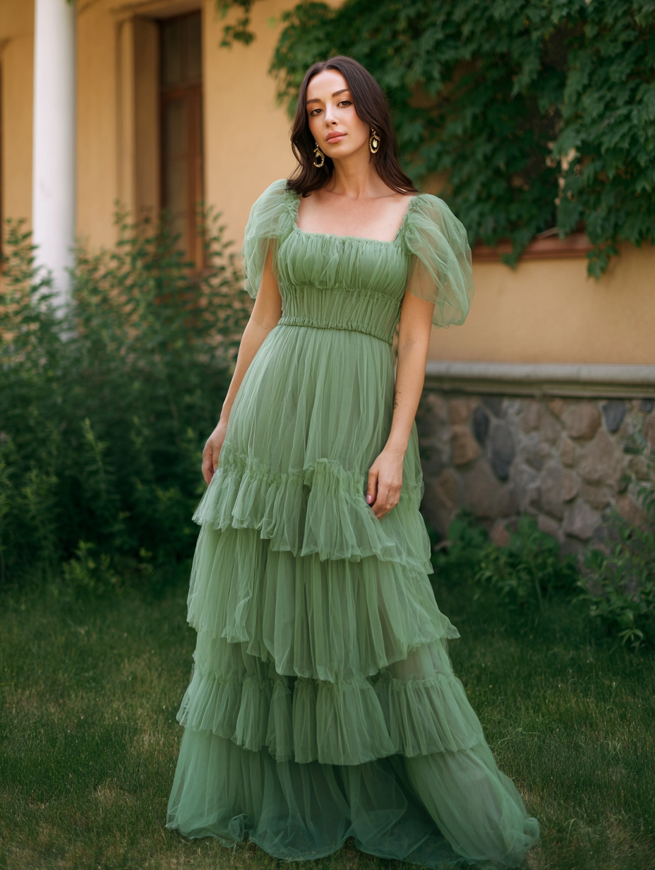 Tulle Tiered Square Neck Pleated A Line Prom Dresses