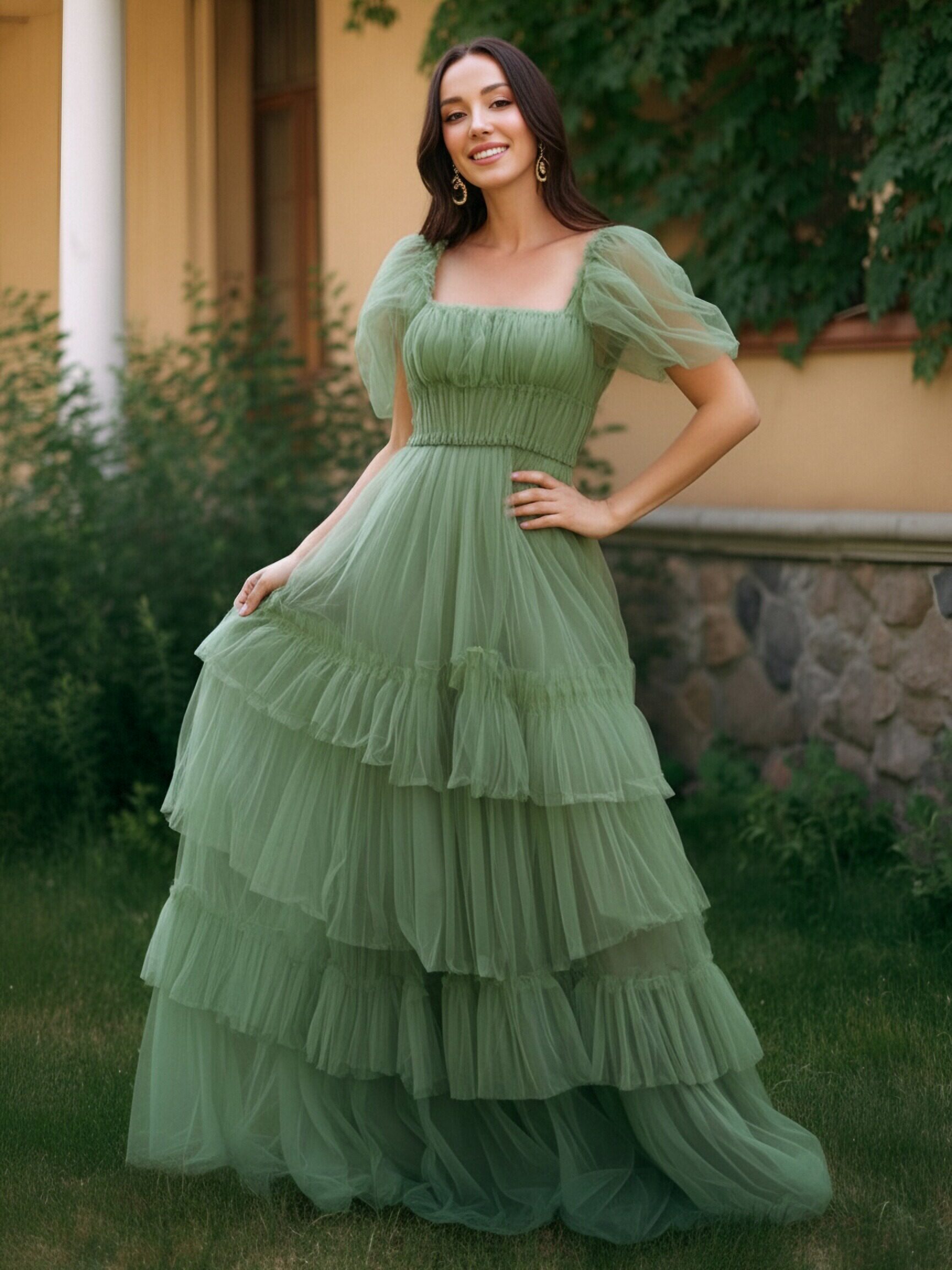 Tulle Tiered Square Neck Pleated A Line Prom Dresses